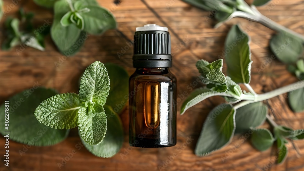 Overhead shot of a small brown bottle of Clary Sage Essential Oil. Concept Product Photography, Essential Oils, Small Bottles, Overhead Shot, Clary Sage Overhead shot of a small brown bottle of Clary Sage Essential Oil. Concept Product Photography, Essential Oils, Small Bottles, Overhead Shot, Clary Sage