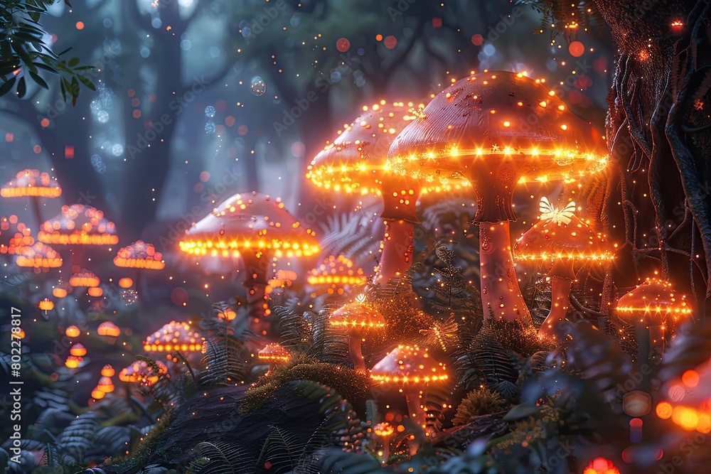 Fairy garden with glowing fireflies and magical toadstools