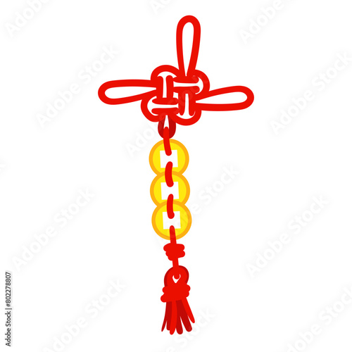 Red threads are tied in Chinese lucky knots, symbolizing good luck and prosperity. Red threads in knots with gold coins. For cultural-themed design, materials in the traditional Asian style. Vector