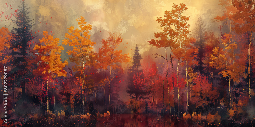 Vibrant autumn hues paint a dense forest with a brilliant display of reds, oranges, and yellows, enveloping the scenery in warmth.