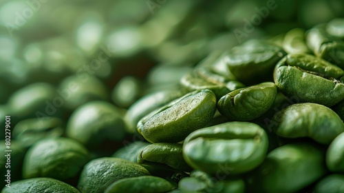 A macro view of green coffee beans before roasting, emphasizing their natural texture and unique green hue