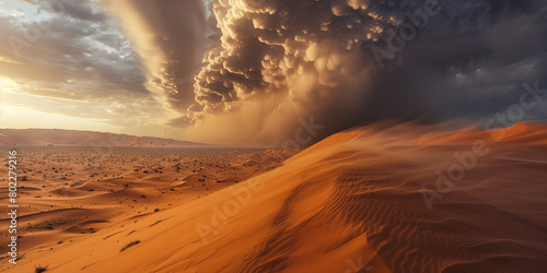 Sandstorm on the horizon with towering clouds of sand undulating desert dunes under an ominous sky.