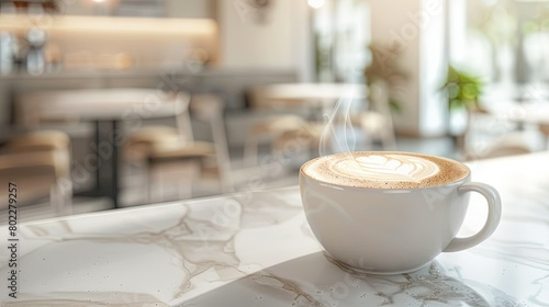 A photograph of a cappuccino in a wide, round cup, detailed foam art on the surface, steam swirling up