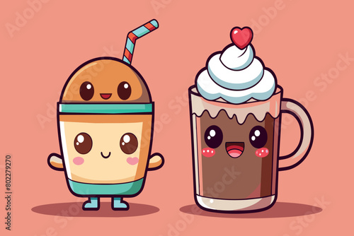 A cartoon character holding a cup of coffee and a straw with a heart on it