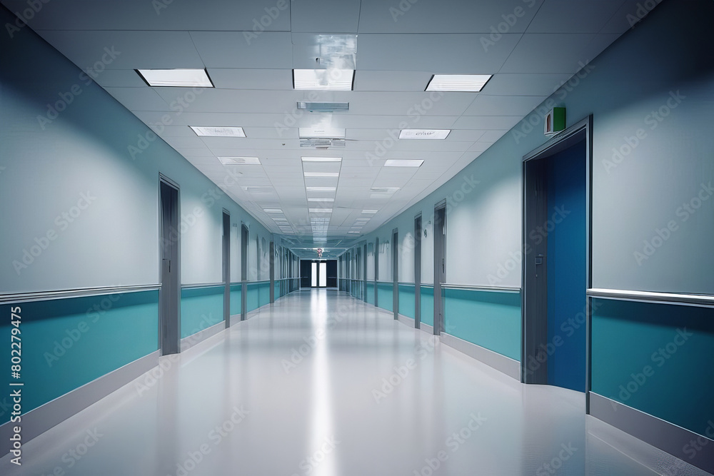 Modern hospital corridor with sleek blue doors and reflective floors