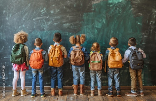 A group of children are standing in front of a chalkboard with their backpacks. photo