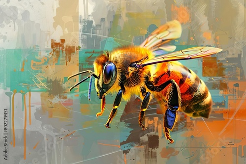Transform the idea of a long shot orange bee into a modern, abstract interpretation with a mix of oil painting and digital effects Play with geometric shapes and vibrant, contrasting colors to convey