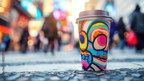 A takeaway coffee cup with a vibrant, artistic design, lid on, captured on a bustling city street. People blur in motion in the background, the early morning rush hour photo