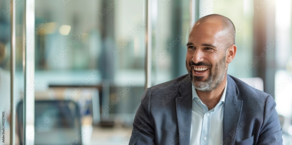 Happy businessman discussing with colleague in office Happy businessman discussing with colleague in office
