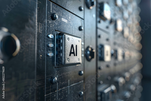 Safety deposit box with word “AI”. Data collection and security in artificial intelligence technology, storing information on the cloud system