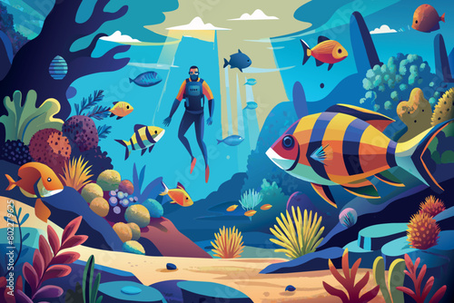 A man is swimming in the ocean with a variety of fish swimming around him