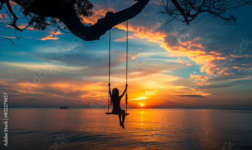 Silhouette of Girl on Swing at Sunset Beach