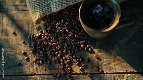 An aerial view of a burlap sack spilling roasted coffee beans onto a wooden surface, with a handcrafted mug of black coffee nearby. Earthy tones and textures highlighted photo