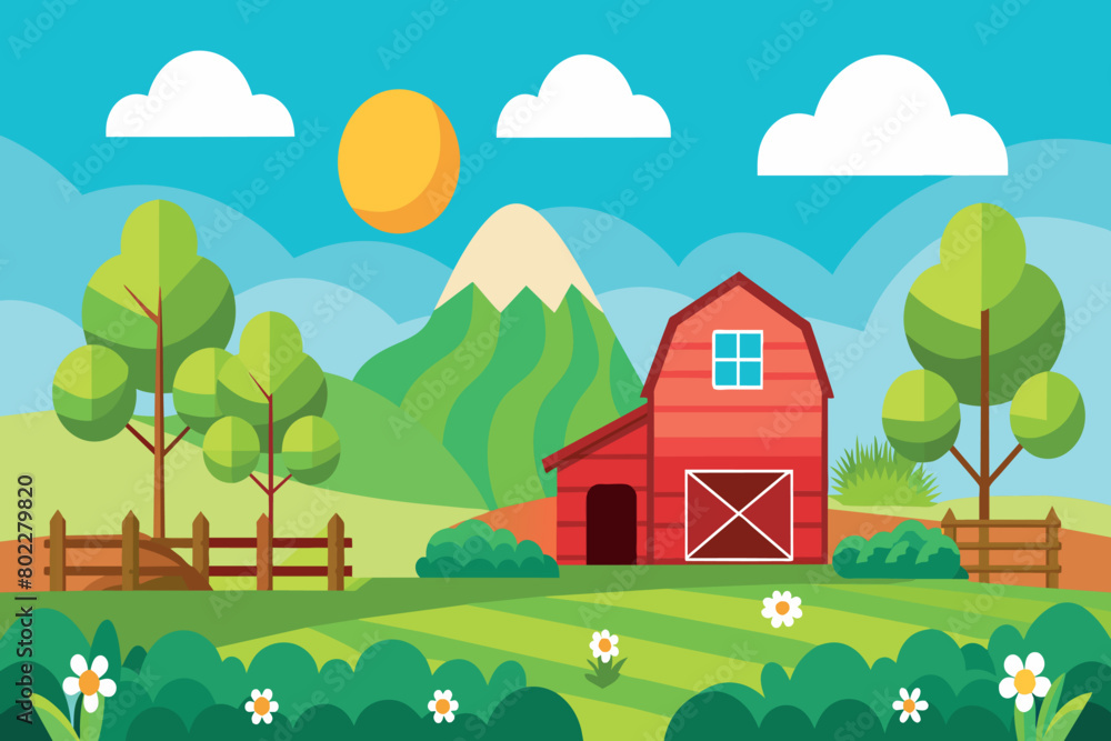 Fototapeta premium A red barn sits in a lush green field with a bright sun shining on it