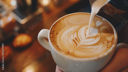 An artisan barista pouring swirling milk into a beautifully crafted latte, creating intricate latte art
