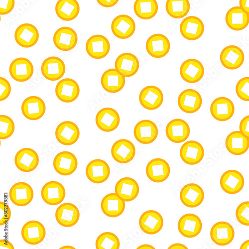 Pattern of Chinese gold coins symbolizing wealth and prosperity. It is ideal for cultural-themed design, favorable decorations in the traditional Asian style, adding decorativeness. Seamless texture