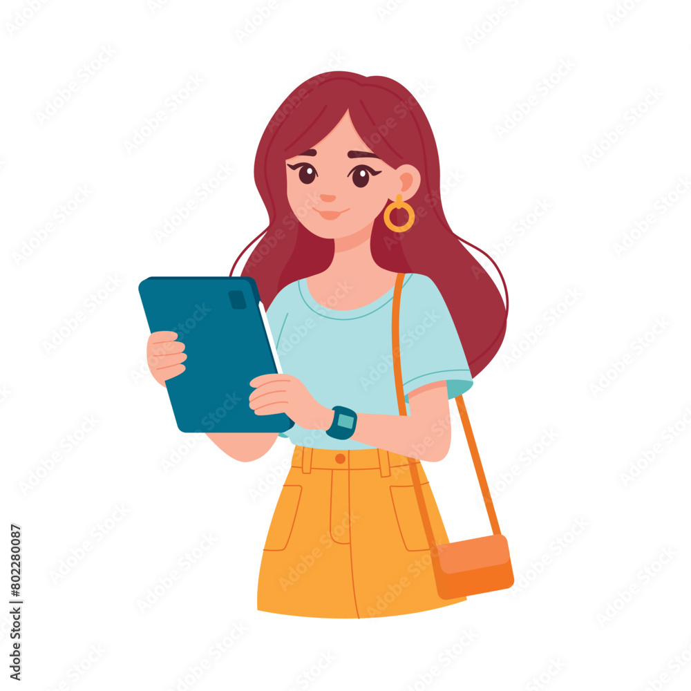 Girl holding gadget, surfing internet with tablet isolated on white background. Online communication concept. Female with devices. Flat vector illustration Girl holding gadget, surfing internet with tablet isolated on white background. Online communication concept. Female with devices. Flat vector illustration