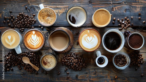 An overhead view of a table with an array of coffee types - espresso, cappuccino, latte, and americano - each in unique cups. A rustic table setting, with coffee beans scattered around photo