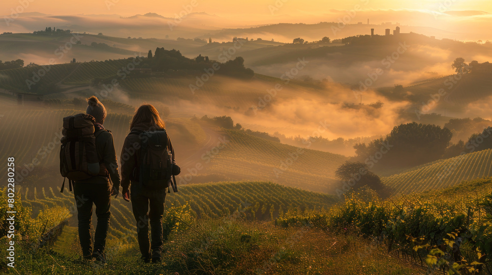 Couple walking on beautiful vineyard