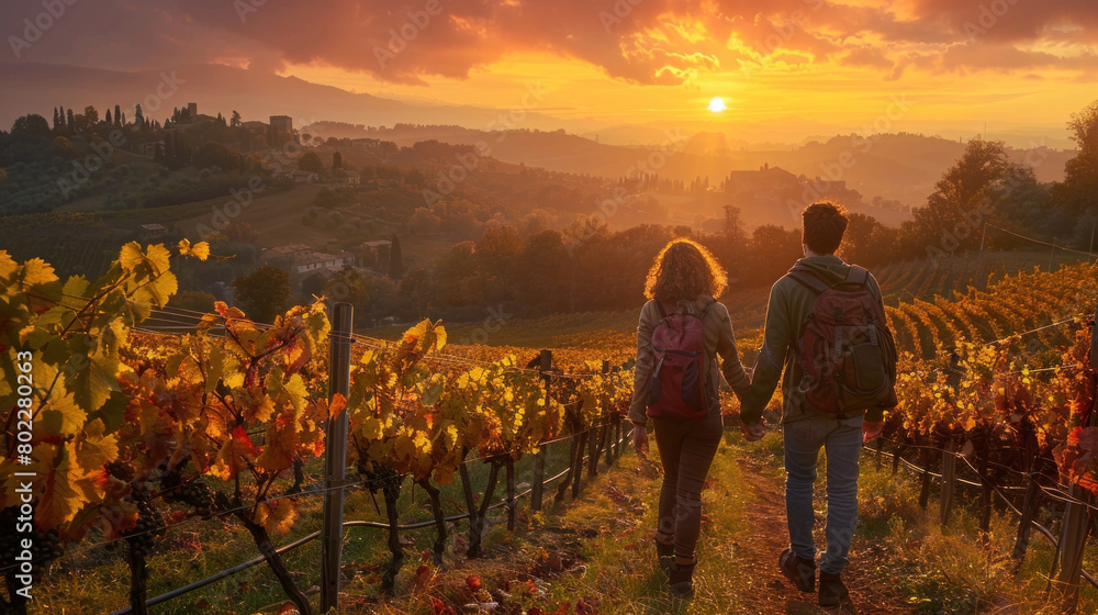 Fototapeta premium Young couple hiking on beautiful vineyard