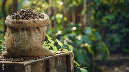 A burlap bag overflowing with fresh coffee beans, placed on an old wooden crate. The scene is set in an outdoor market with soft natural light and green plants in the background