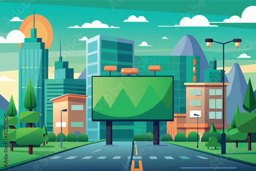A cityscape with a large green billboard in the middle