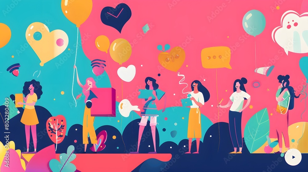 Colorful digital landscape with women engaging in social media activities Colorful digital landscape with women engaging in social media activities