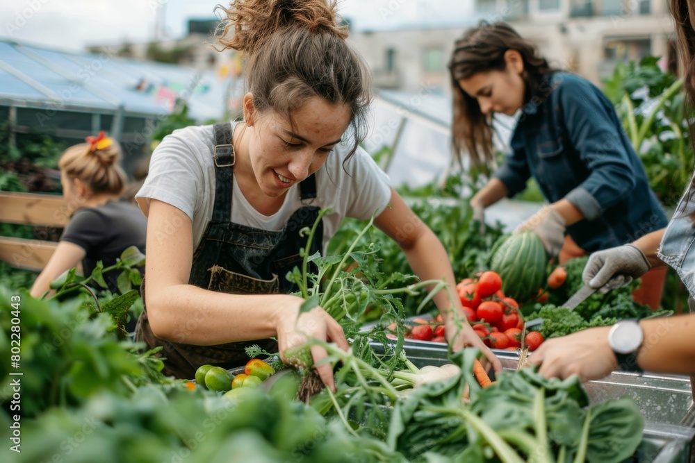 Friendly team harvesting fresh vegetables from the rooftop greenhouse garden and planning harvest season Friendly team harvesting fresh vegetables from the rooftop greenhouse garden and planning harvest season