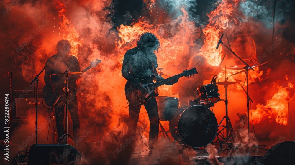 Death metal musicians playing in lire and red lights Death metal musicians playing in lire and red lights
