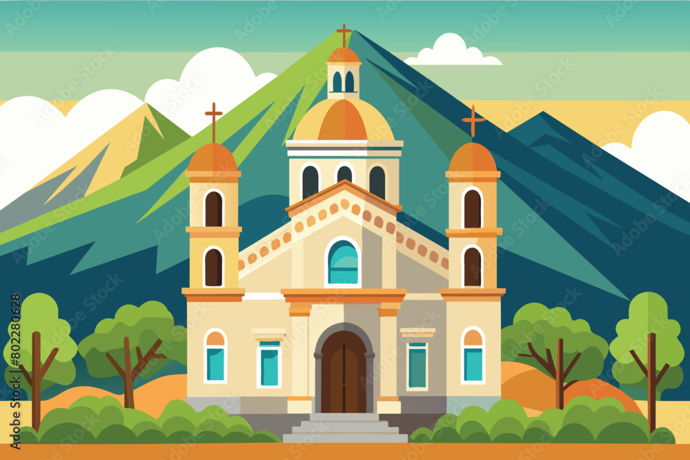 A church with a steeple and a mountain in the background A church with a steeple and a mountain in the background