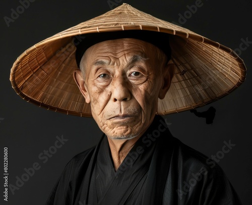 An old man in black robes, on his head is a conical bamboo straw round shape hat .