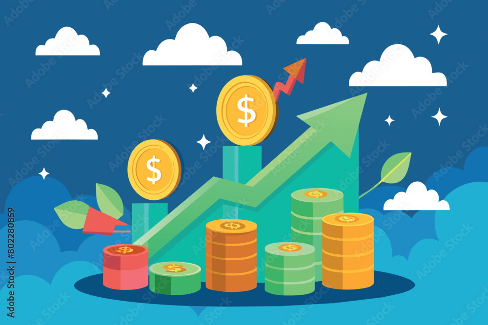 A graphic of a stack of coins with a green arrow pointing upward A graphic of a stack of coins with a green arrow pointing upward