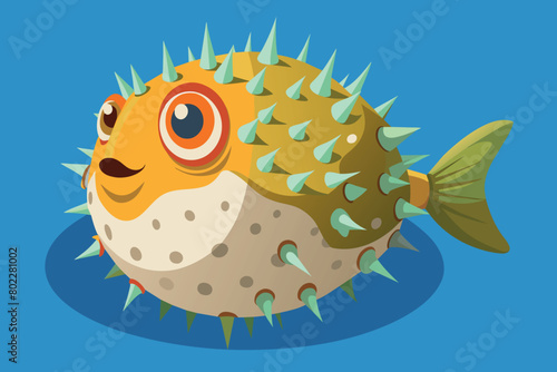 A cartoon fish with a big, round, orange head and a lot of spikes on its body
