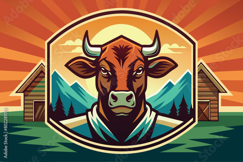 A cow with horns is standing in front of a house and a barn