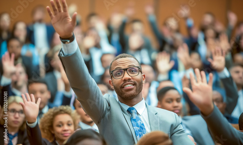 Businessman Raising Hand in Seminar Crowd photo