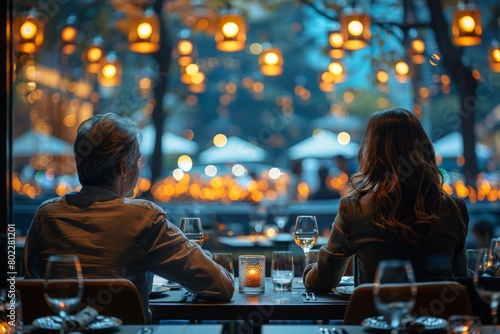 A sophisticated setting with a man and woman enjoying a meal in an ambient restaurant illuminated with warm lights