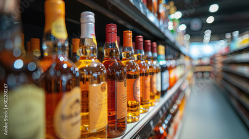 Rows of numerous bottles with hard alcohol