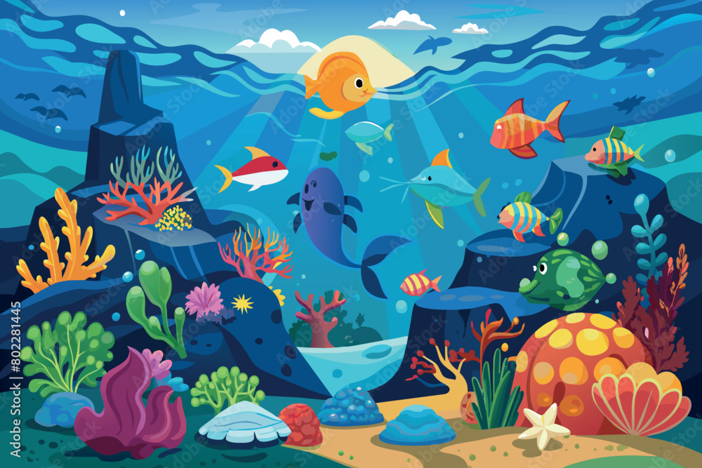 A colorful underwater scene with a variety of fish swimming around A colorful underwater scene with a variety of fish swimming around