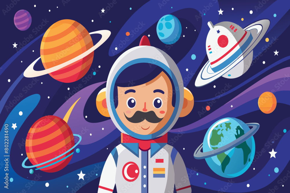 Fototapeta premium A cartoon of a man in a spacesuit standing in front of a bunch of planets