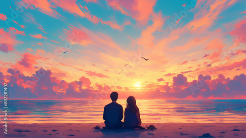 Couples enjoying a romantic sunset on a beach with colorful skies