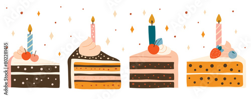 Birthday cake isolated on white background. Design for invitation or greeting card, poster. Flat hand drawn style