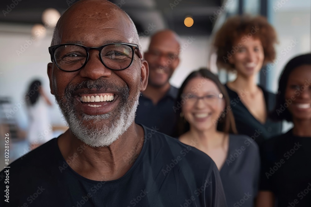 Portrait of a senior African American man smiling with his colleagues in the background Portrait of a senior African American man smiling with his colleagues in the background