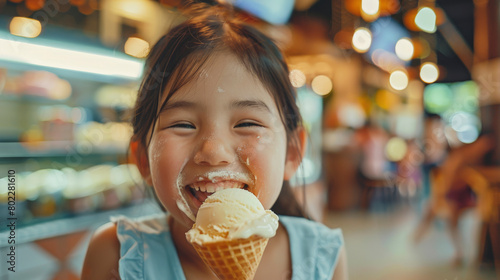 A joyous young girl smiles broadly while holding a cone of vanilla ice cream  with blurred lights and food counters in the background.