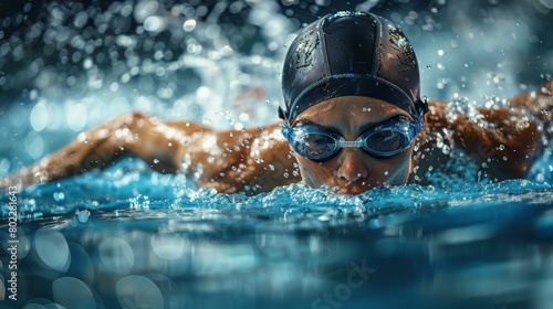 A female athlete is swimming crawl in competition and wearing swim wear glasses and cap on Swimming pool field. Close up shot and copy space background