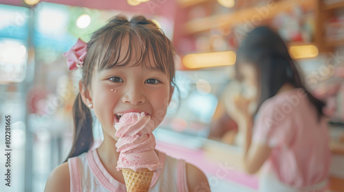 A young girl enjoying a pink ice cream cone with a joyful expression  standing in a brightly lit ice cream parlor with shelves in the background.