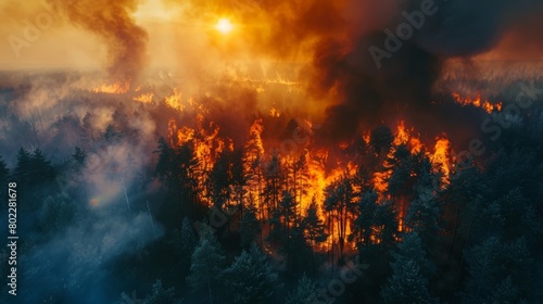 Aerial photography. A picture of a forest being burned by a forest fire and a large plume of smoke