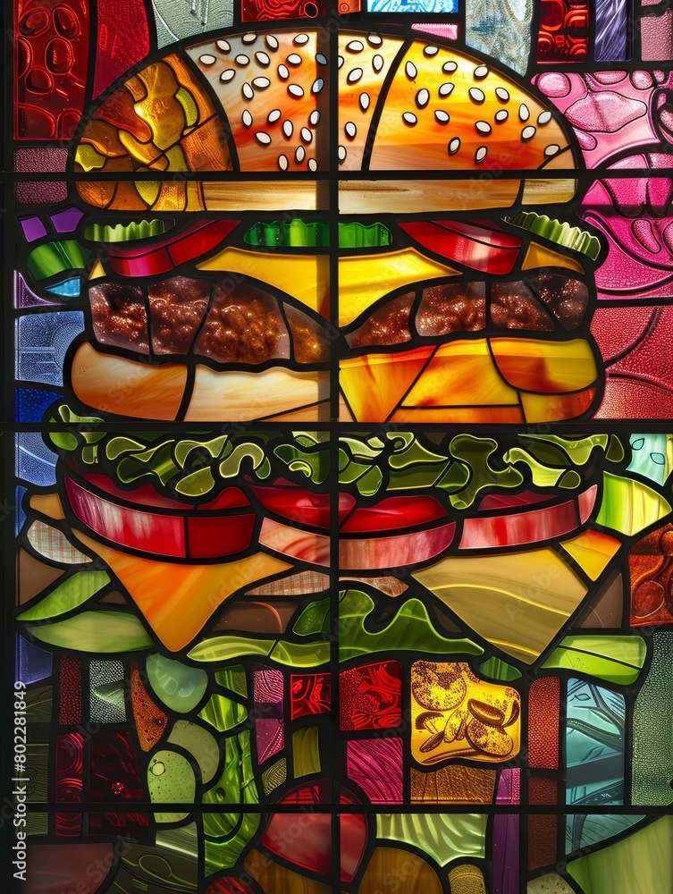 A stained glass window of a cheeseburger in the style of a medieval church window