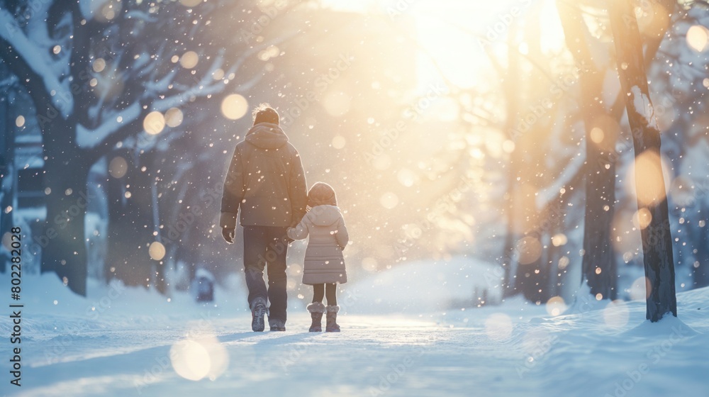 Father and daughter walking together in snow road in winter, surrounded by falling snow Father and daughter walking together in snow road in winter, surrounded by falling snow