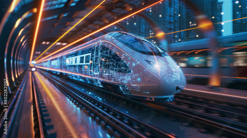 A futuristic train traveling at high speed through a tunnel with dynamic lighting, embodying modern, efficient public transportation against an urban skyline backdrop. A futuristic train traveling at high speed through a tunnel with dynamic lighting, embodying modern, efficient public transportation against an urban skyline backdrop.