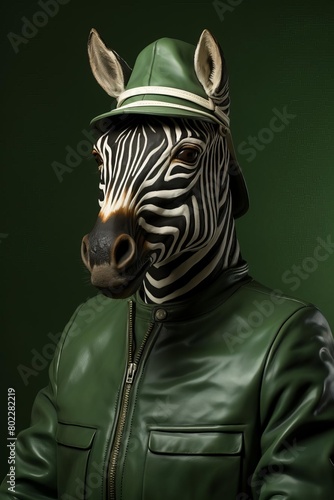 A zebra wearing a green leather jacket and hat.